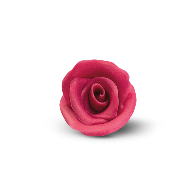 Jedna tamnoružičasta ruža, vjerojatno od fondana ili gum paste, na bijeloj pozadini.