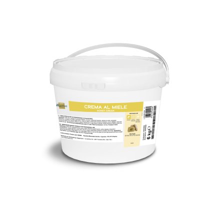 Bijela plastična kanta, 6 kg, s ručkom, naljepnica "Crema al Miele", za profesionalne pekare.